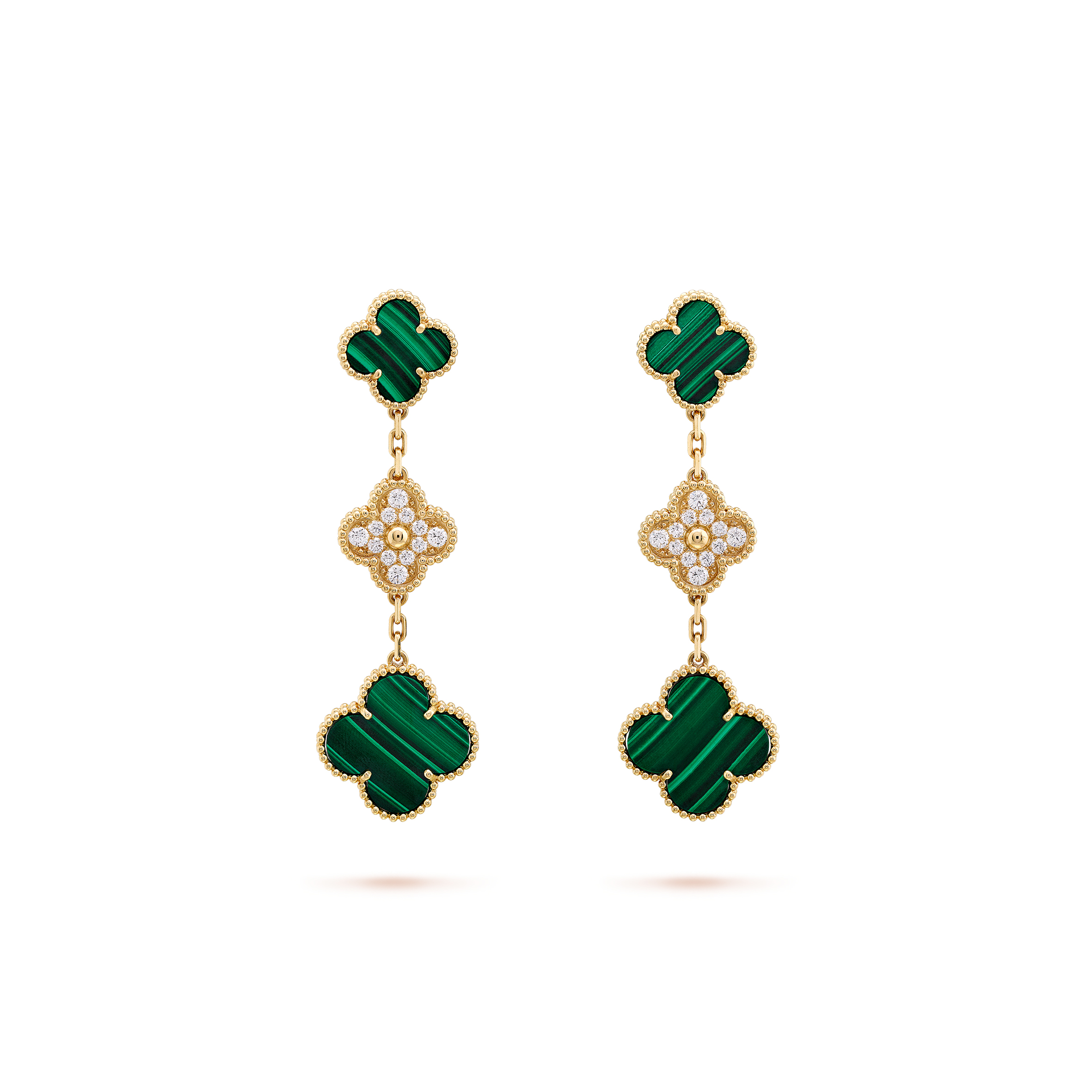 V*N CL*F  arpels magic alhambra earrings, 3 motifs - yellow gold, diamond, malachite  vcaro9ii00