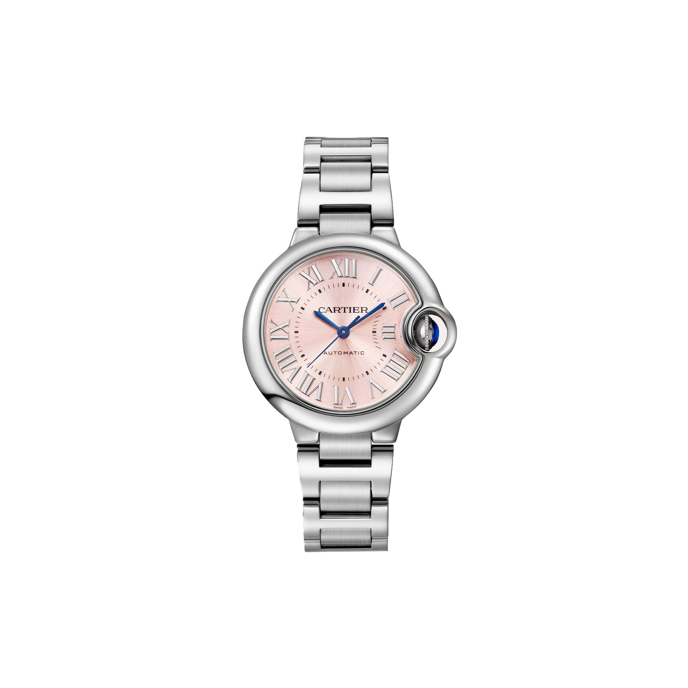 Ca*t*er ballon bleu de watch 28 mm steel diamond case diamond bezel pink dial w6920038