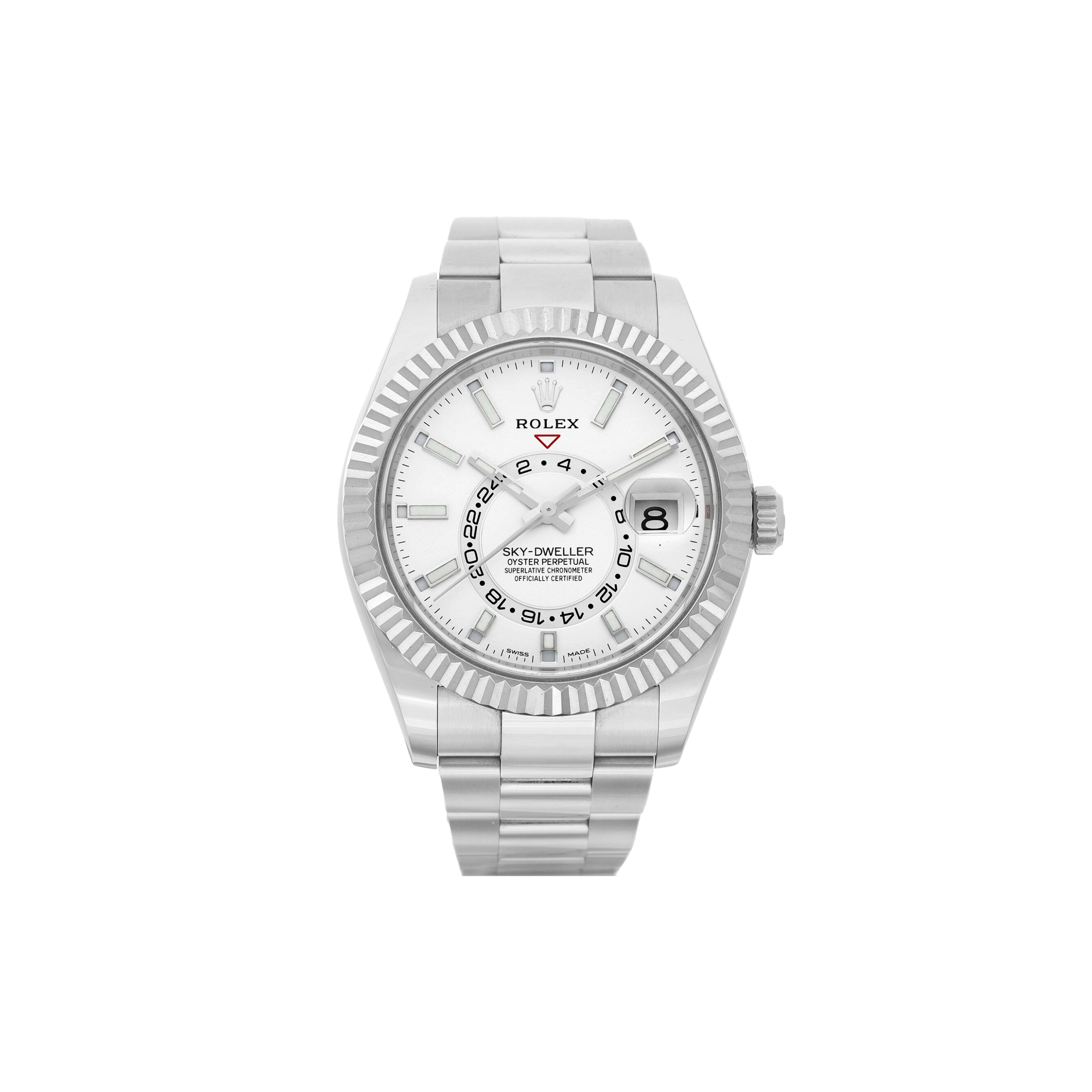 R*l*x sky-dweller stainless steel annual calendar dual time zone wristwatch with white gold 326934