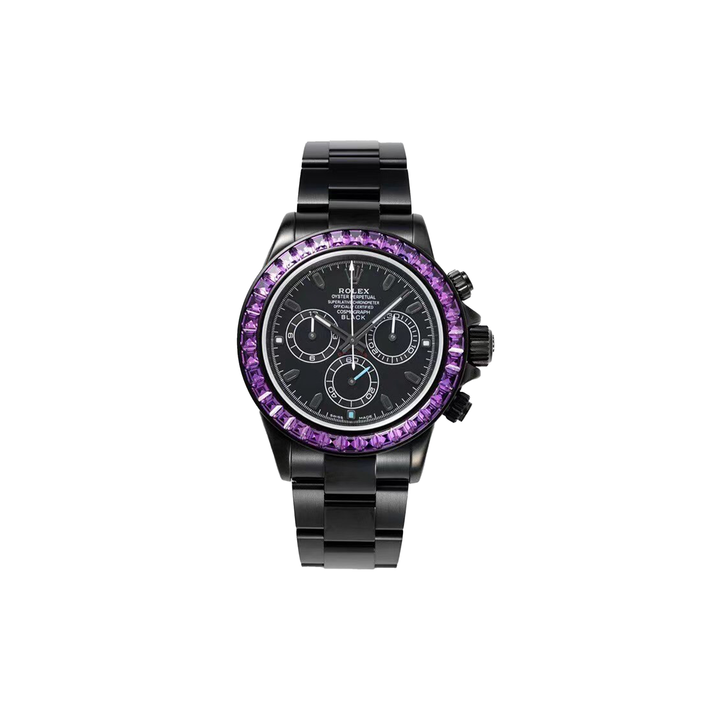R*l*x daytona all black edition purple diamonds bezel black dial watch n4130