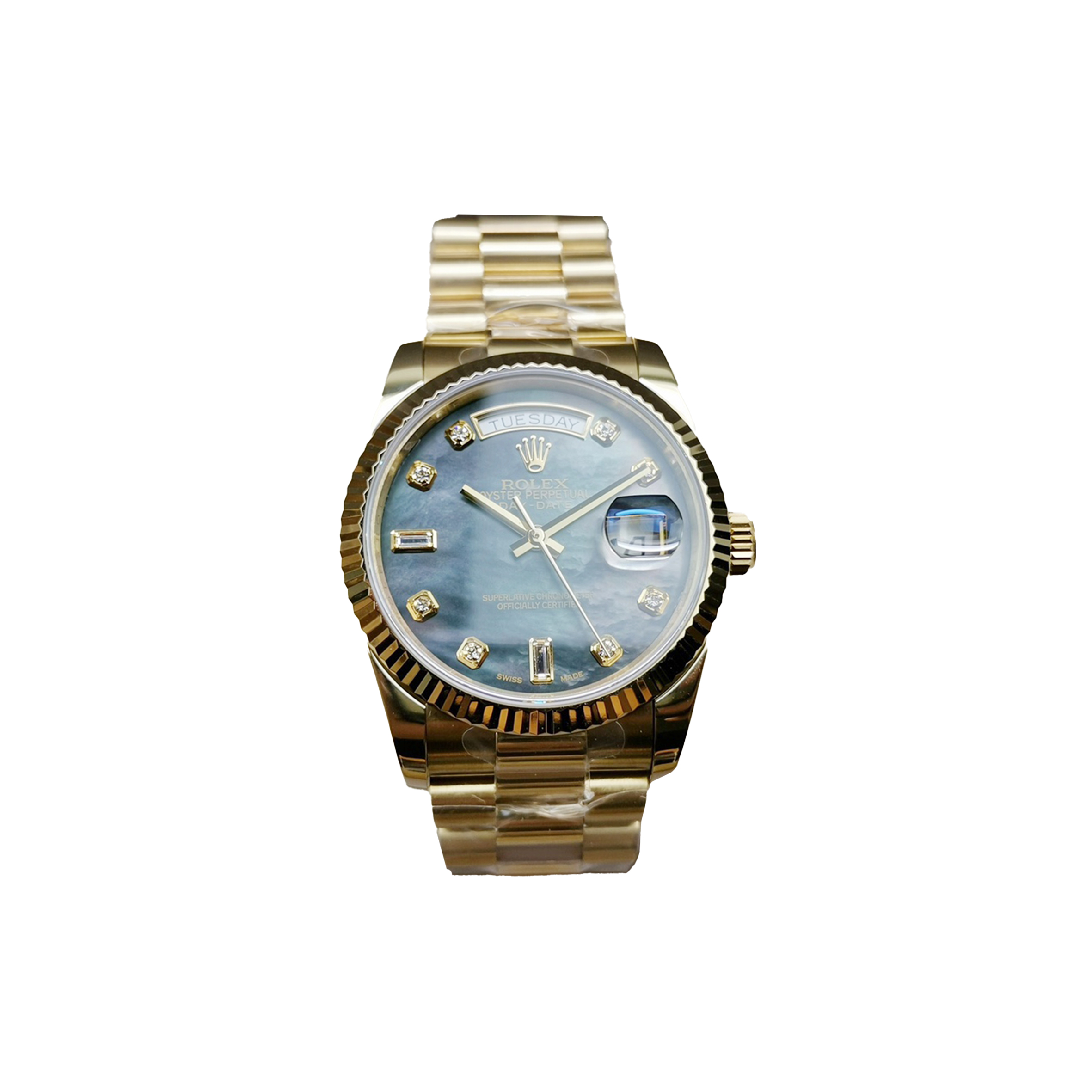 R*l*x day-date yellow gold dark diamond dial watch 118238