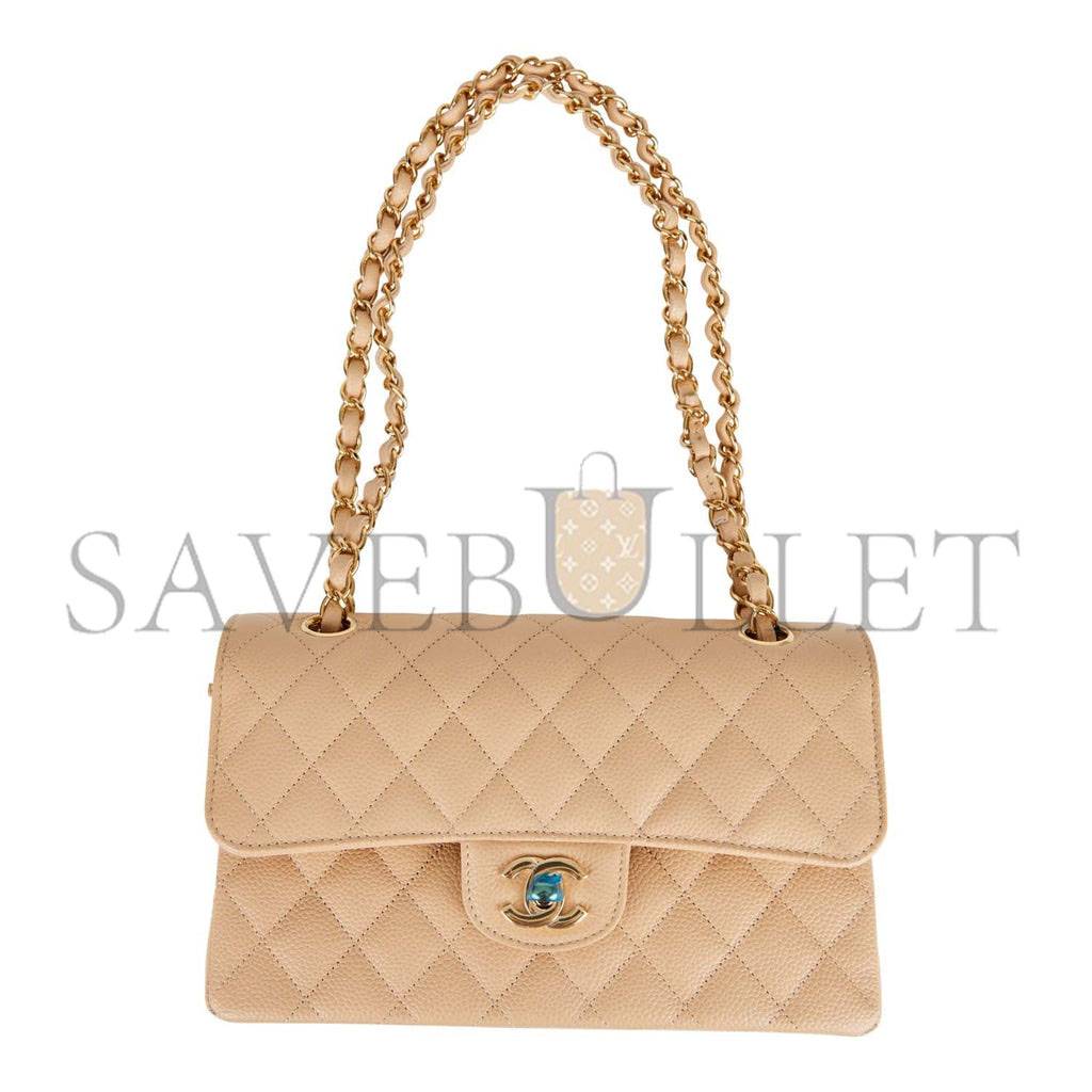 Ch*el small classic double flap bag beige caviar gold hardware (23*13*6cm)