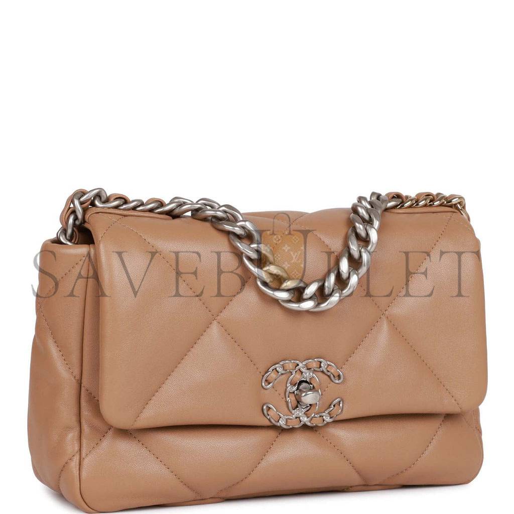 Ch*el medium 19 flap bag beige calfskin mixed hardware (25*16*9cm)