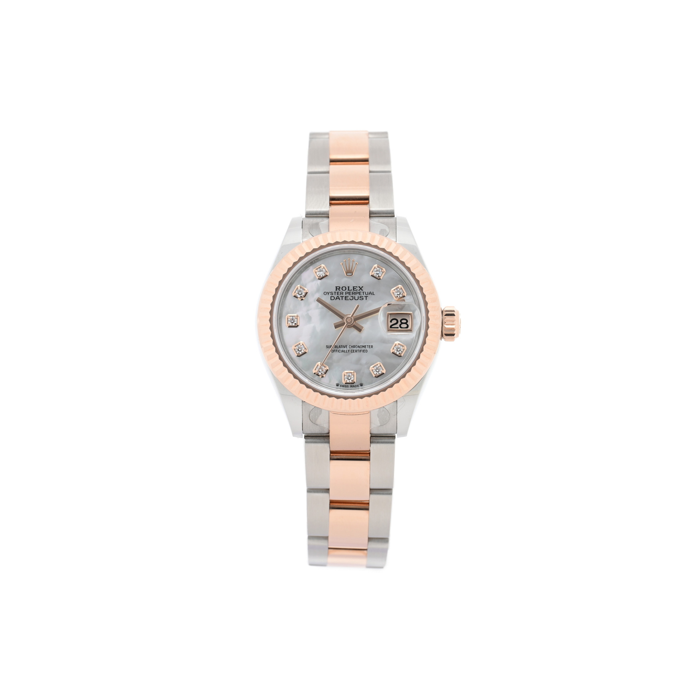 R*l*x stainless steel 18k everose gold diamond mother of pearl 28mm oyster perpetual datejust watch 279171