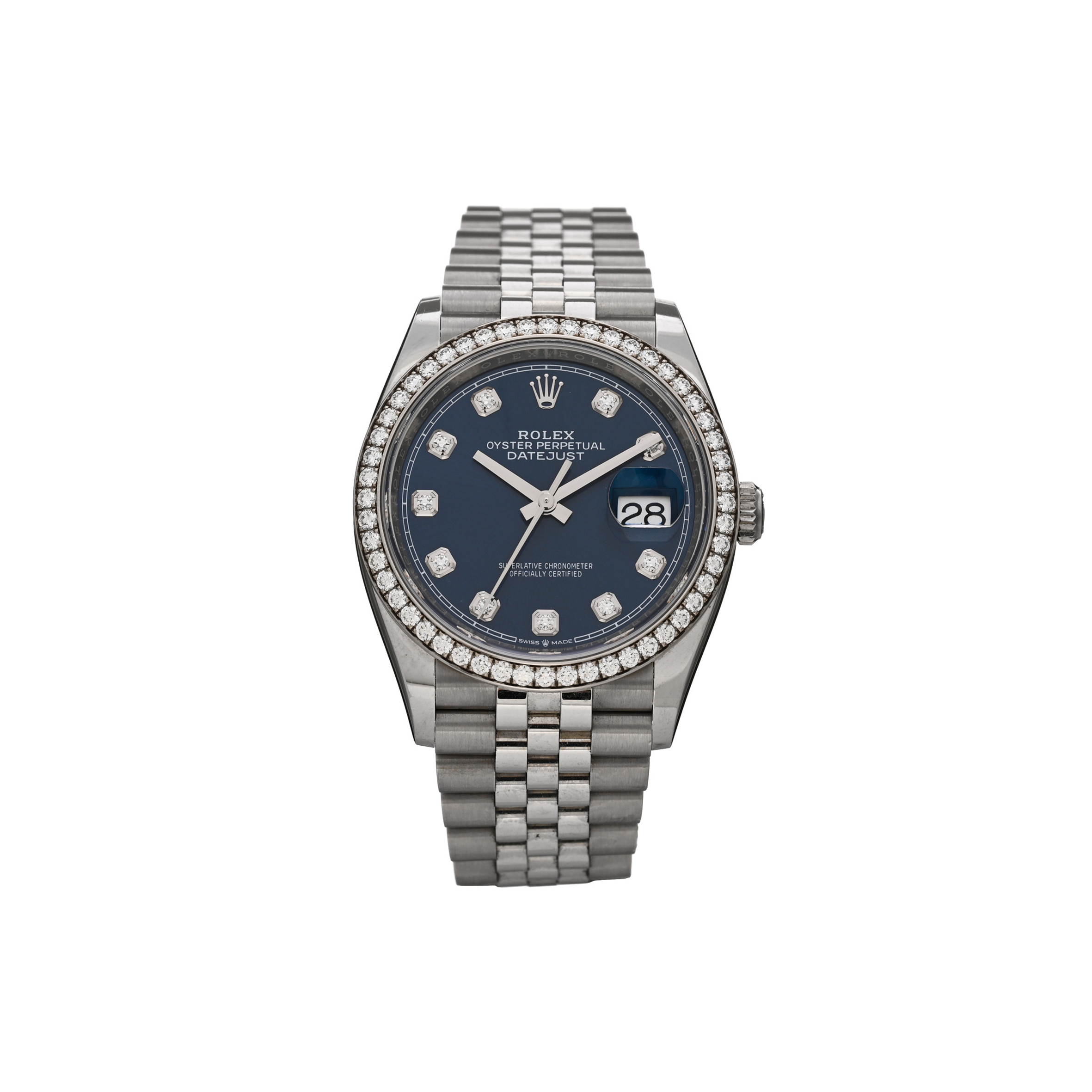R*l*x stainless steel 18k white gold diamond bezel 36mm oyster perpetual datejust watch blue 126284rbr