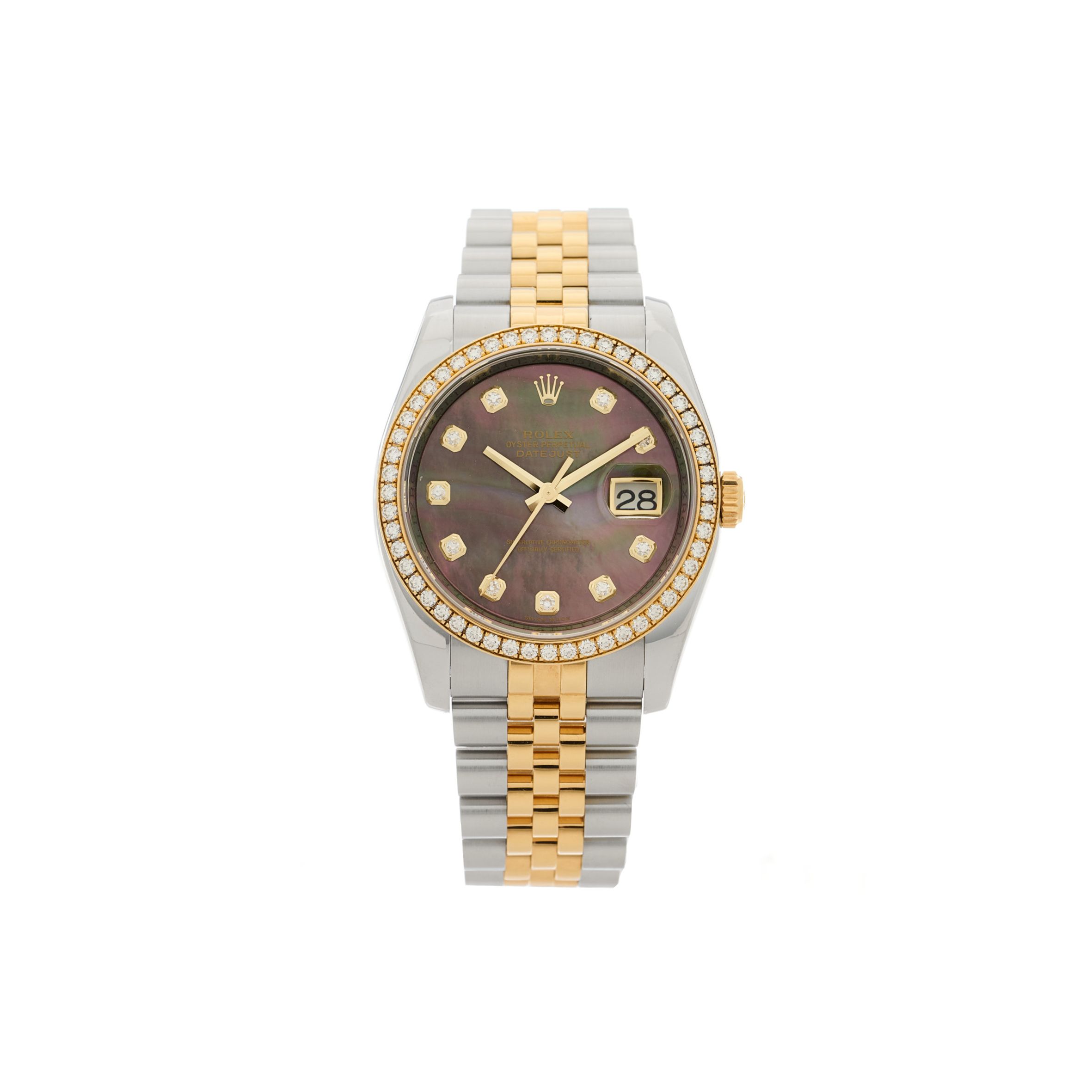 R*l*x stainless steel 18k yellow gold diamond black mother of pearl 36mm oyster perpetual datejust watch 116243