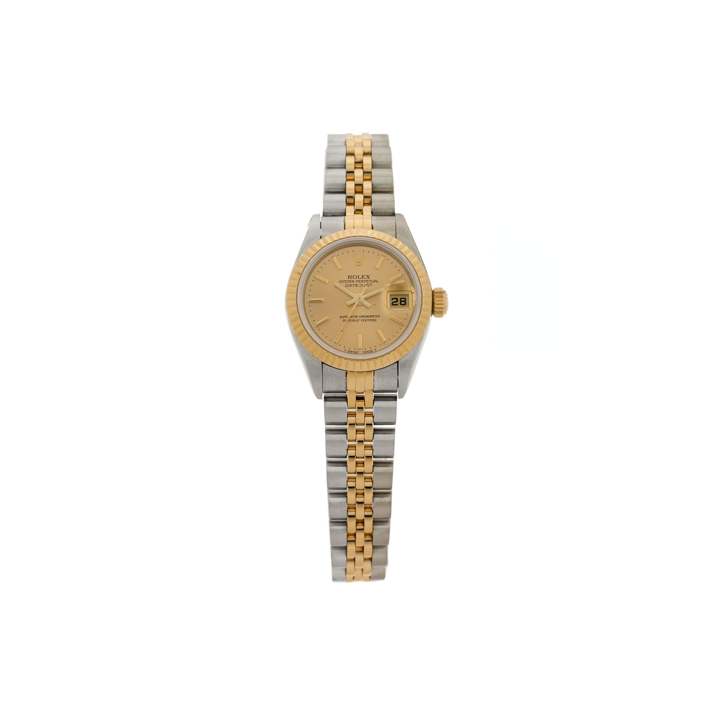 R*l*x stainless steel 18k yellow gold 26mm oyster perpetual datejust watch champagne 69173
