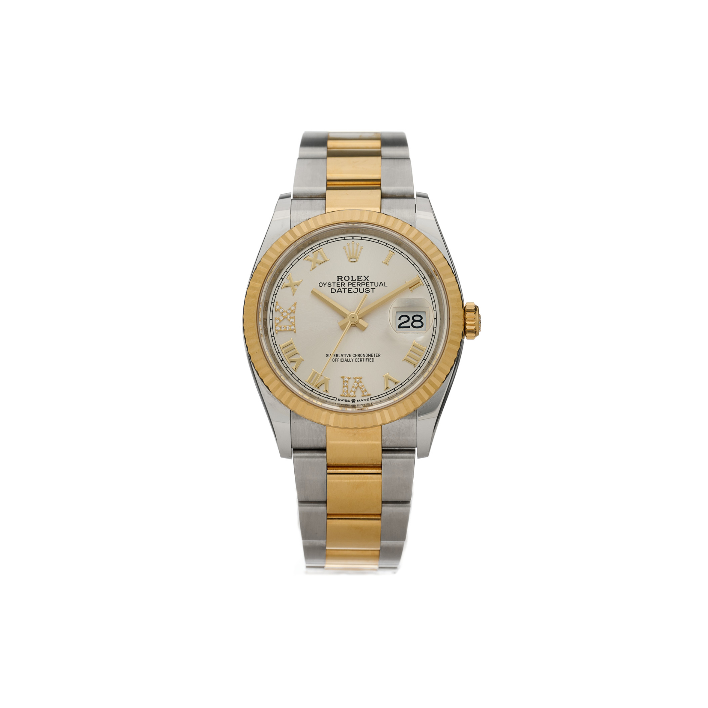 R*l*x stainless steel 18k yellow gold diamond 36mm oyster perpetual datejust watch silver roman 126233
