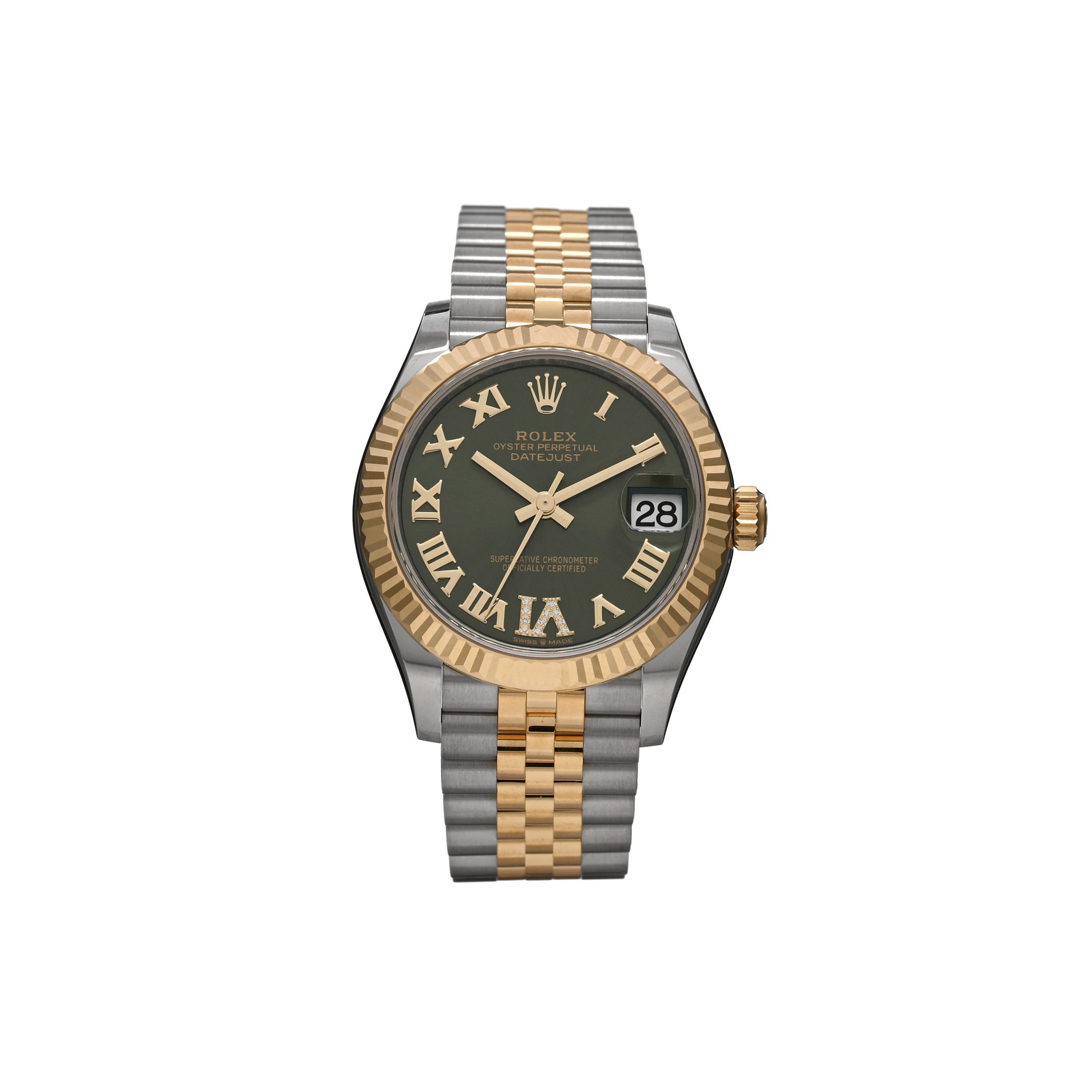 R*l*x stainless steel 18k yellow gold diamond 31mm oyster perpetual datejust watch olive green roman 278273