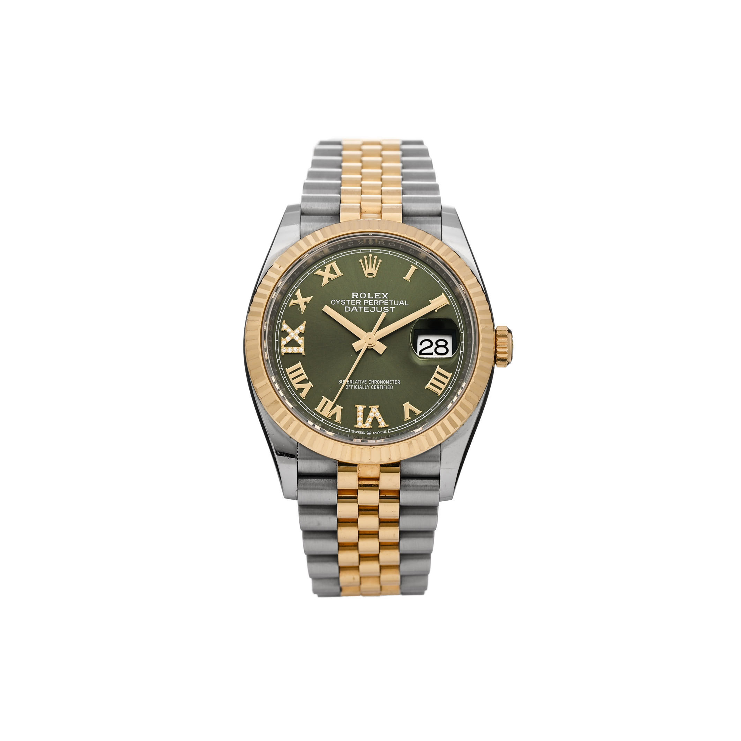 R*l*x stainless steel 18k yellow gold diamond 36mm oyster perpetual datejust watch olive green roman 126233
