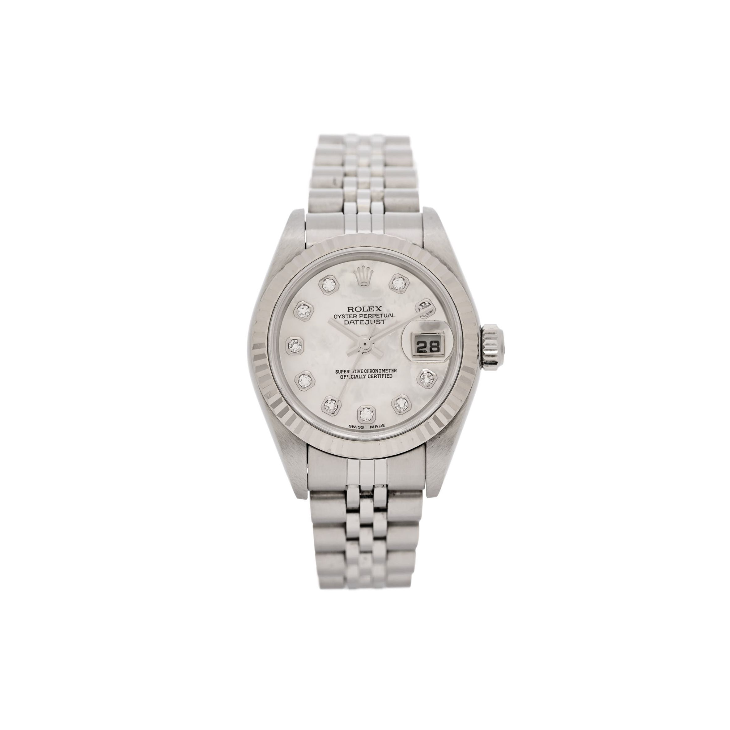 R*l*x stainless steel 18k white gold diamond mother of pearl 26mm oyster perpetual datejust watch 79174