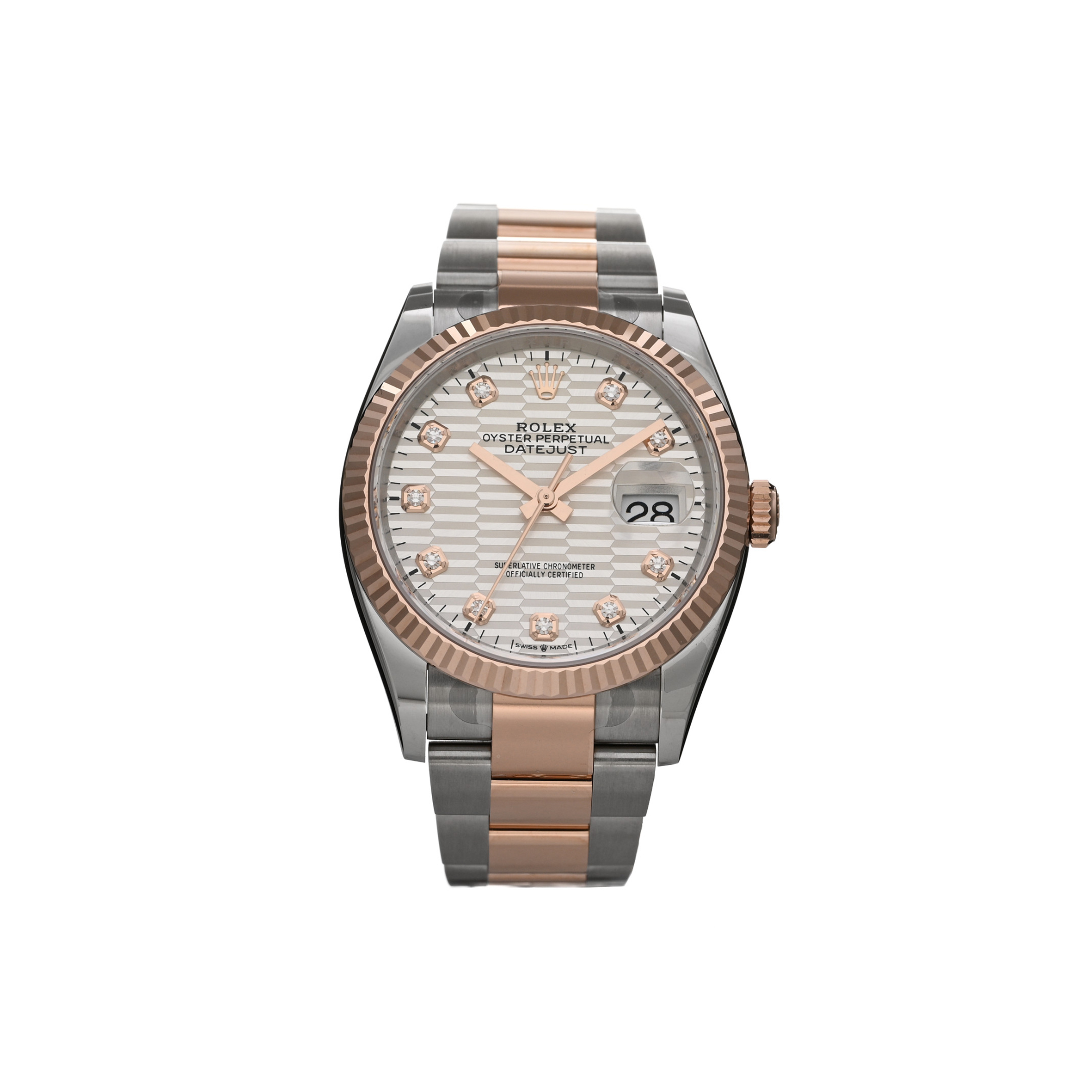 R*l*x stainless steel 18k everose gold diamond 36mm oyster perpetual datejust watch silver fluted 126231