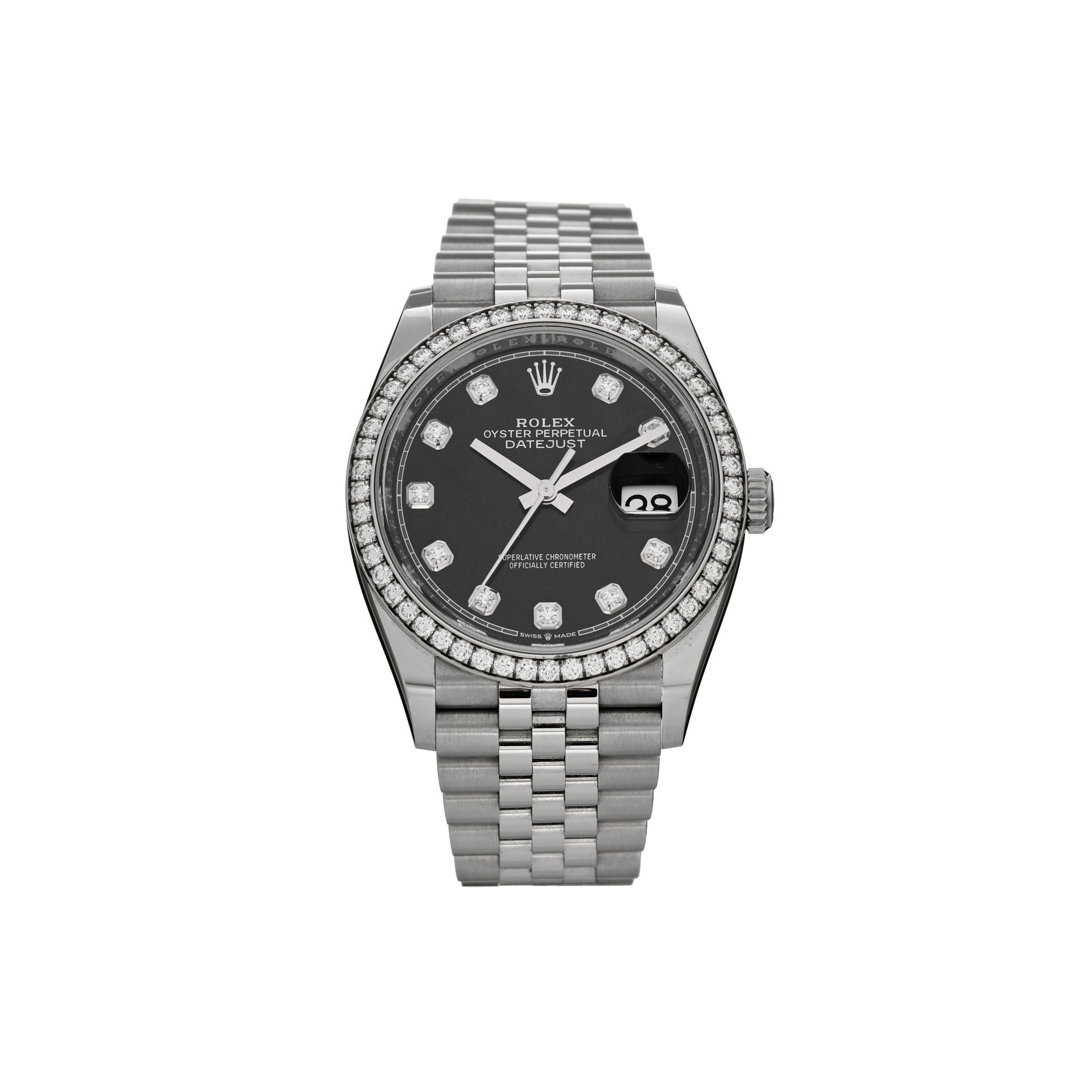 R*l*x stainless steel 18k white gold diamond 36mm oyster perpetual datejust watch black 126284rbr
