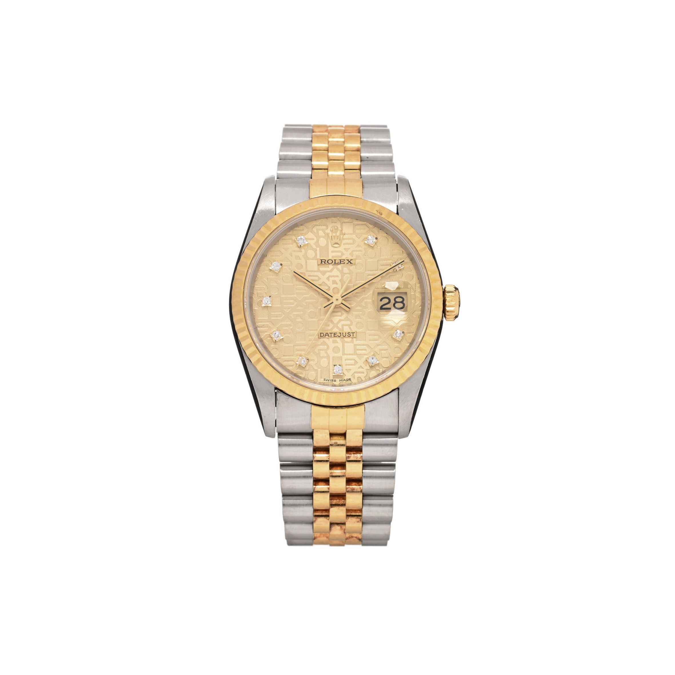 R*l*x stainless steel 18k yellow gold diamond 36mm oyster perpetual datejust watch champagne jubilee 16233