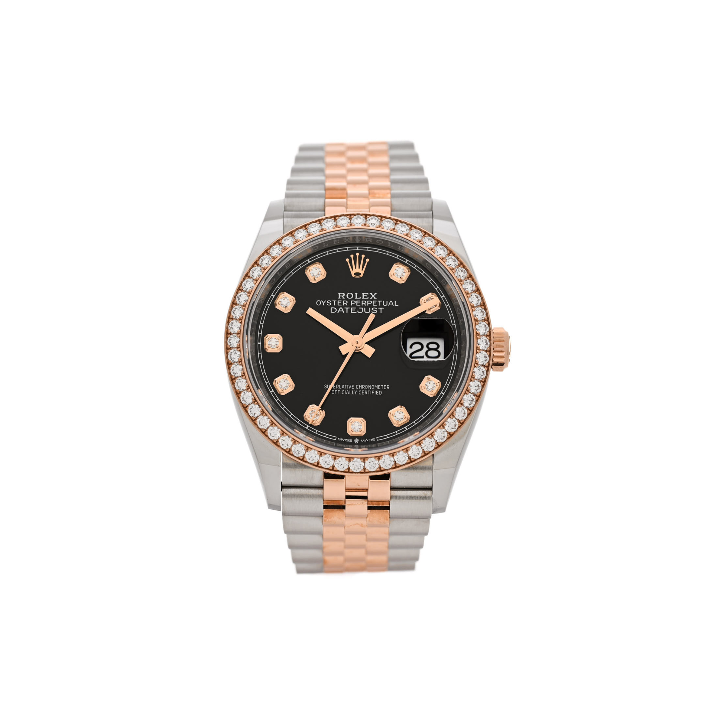 R*l*x stainless steel 18k everose gold diamond bezel 36mm oyster perpetual datejust watch black 126281rbr