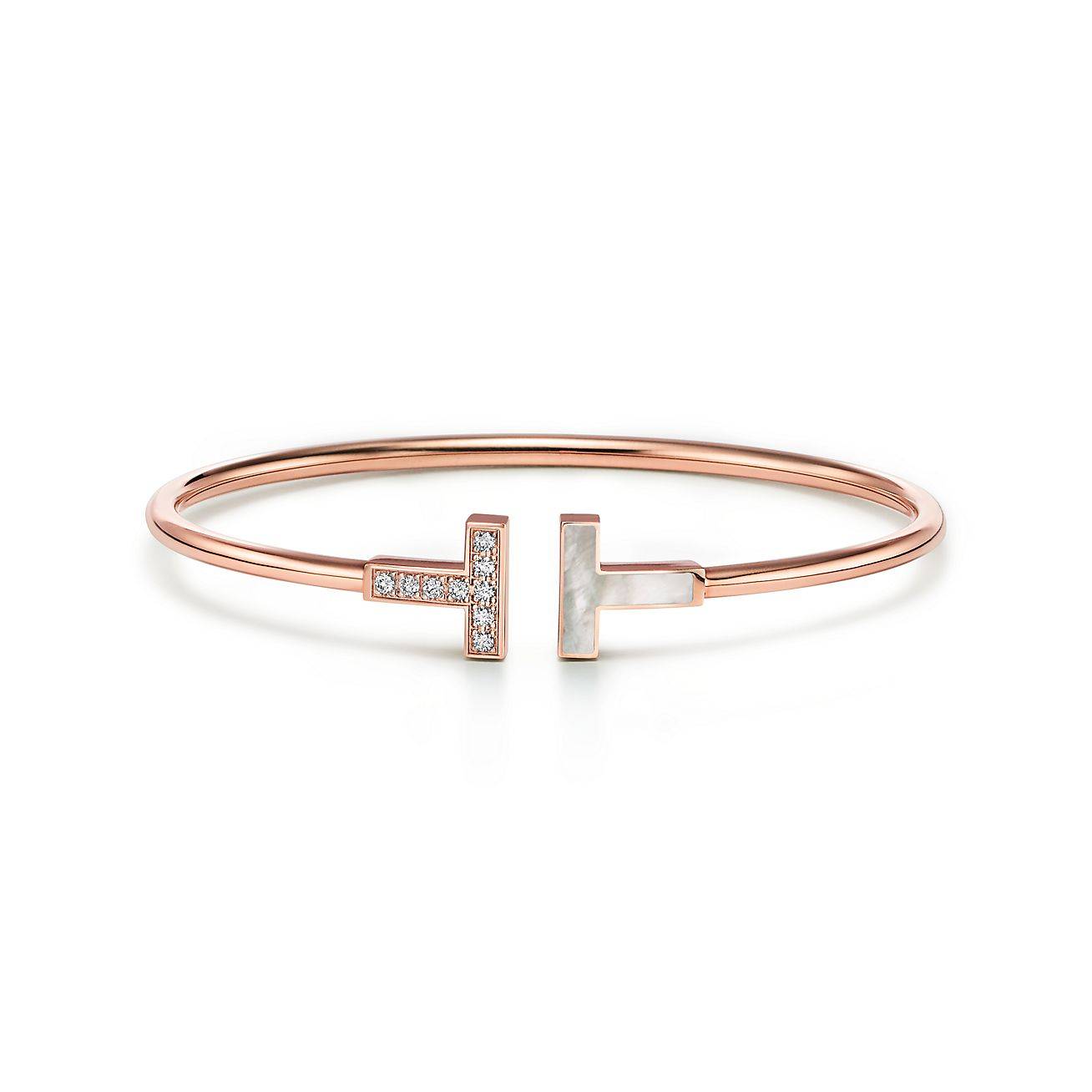 T*f*ny t wire bracelet in rose gold with diamonds and mother-of-pearl