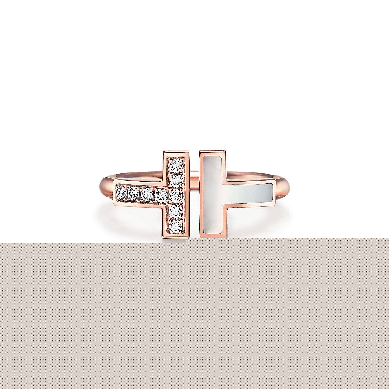 T*f*ny t wire ring in rose gold with diamonds and mother-of-pearl